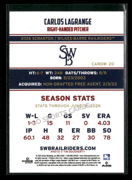 2026 Scranton Wilkes Barre RailRiders Carlos Lagrange