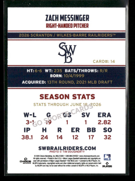 2026 Scranton Wilkes Barre RailRiders Zach Messinger