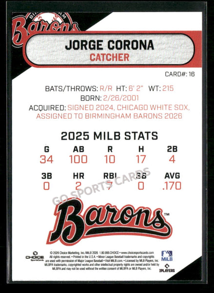 2026 Birmingham Barons Jorge Corona