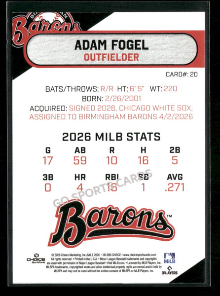 2026 Birmingham Barons Adam Fogel
