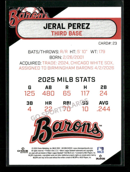 2026 Birmingham Barons Jeral Perez