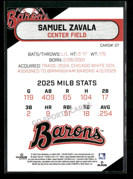2026 Birmingham Barons Samuel Zavala