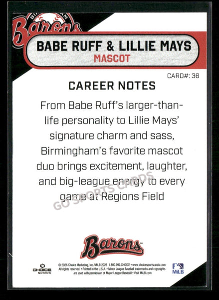 2026 Birmingham Barons Babe Ruff Lillie Mays Mascot