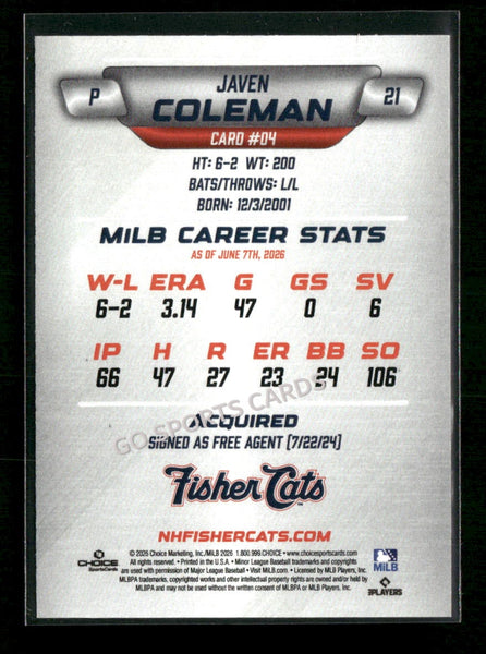 2026 New Hampshire Fisher Cats Javen Coleman