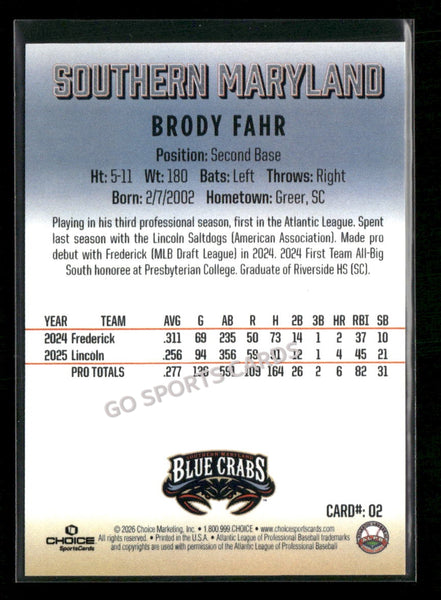 2026 Southern Maryland Blue Crabs Brody Fahr