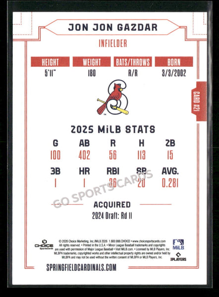 2026 Springfield Cardinals Jon Jon Gazdar