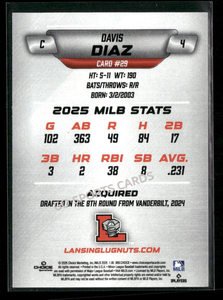 2026 Lansing Lugnuts Davis Diaz
