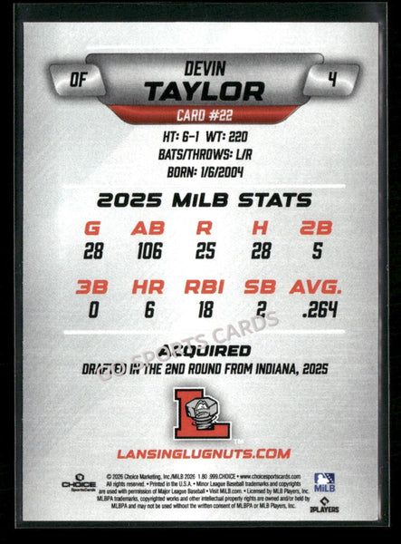 2026 Lansing Lugnuts Devin Taylor