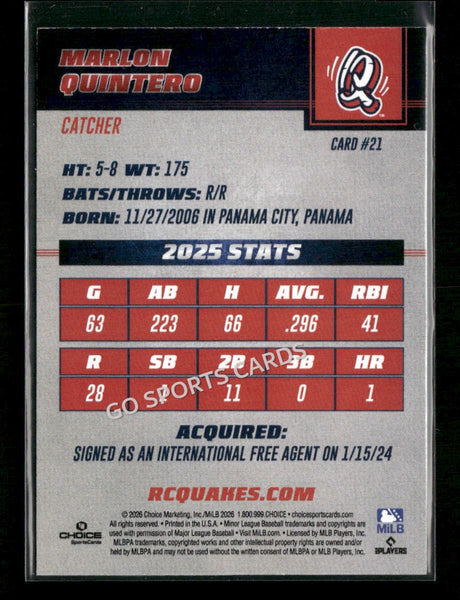 2026 Rancho Cucamonga Quakes Marlon Quintero