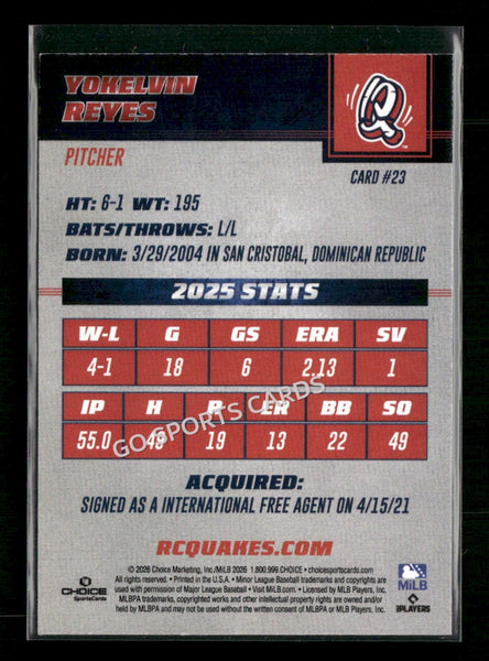 2026 Rancho Cucamonga Quakes Yokelvin Reyes