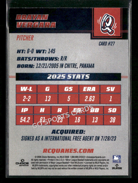 2026 Rancho Cucamonga Quakes Brayan Vergara