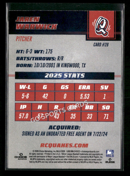 2026 Rancho Cucamonga Quakes Jaren Warwick