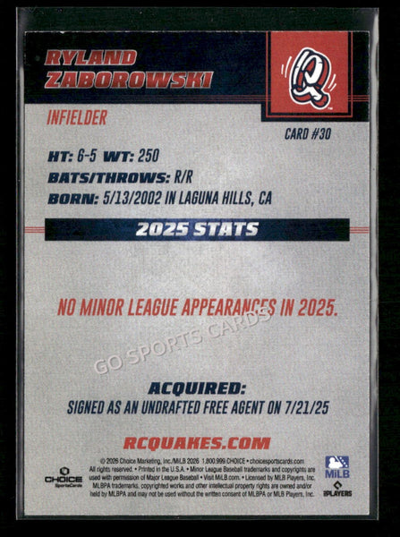 2026 Rancho Cucamonga Quakes Ryland Zaborowski