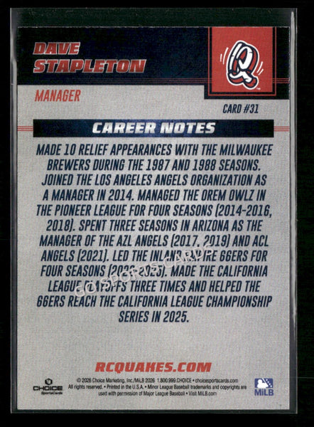 2026 Rancho Cucamonga Quakes Dave Stapleton