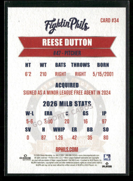 2026 Reading Phils 3rd Reese Dutton