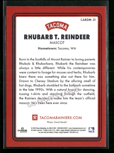 2026 Tacoma Rainiers Rhubarb T Reindeer Mascot