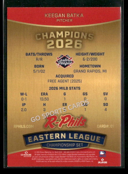 2026 Reading Fightin Phils Champions Keegan Batka