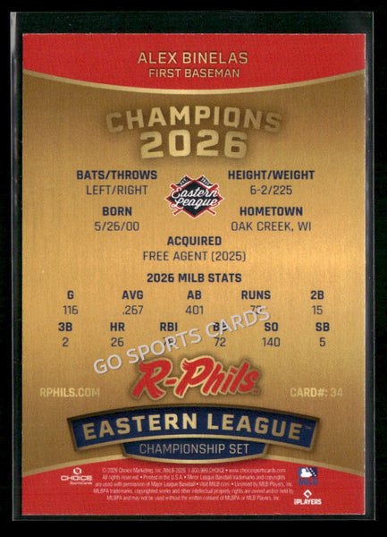 2026 Reading Fightin Phils Champions Alex Binelas