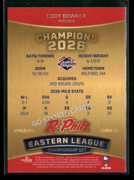 2026 Reading Fightin Phils Champions Cody Bowker