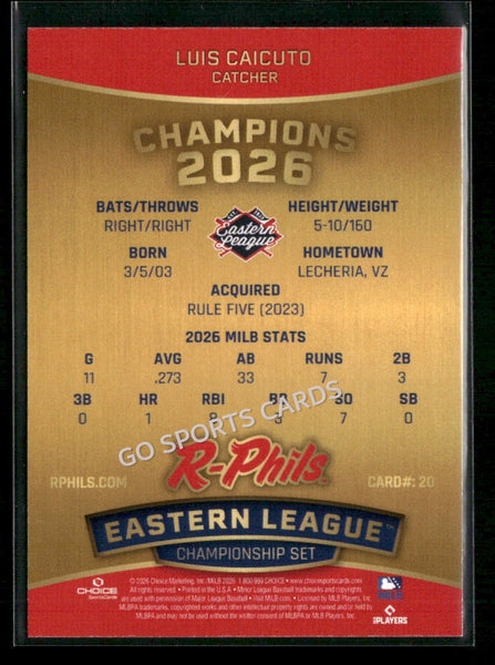 2026 Reading Fightin Phils Champions Luis Caicuto