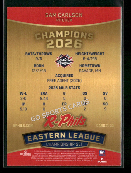 2026 Reading Fightin Phils Champions Sam Carlson