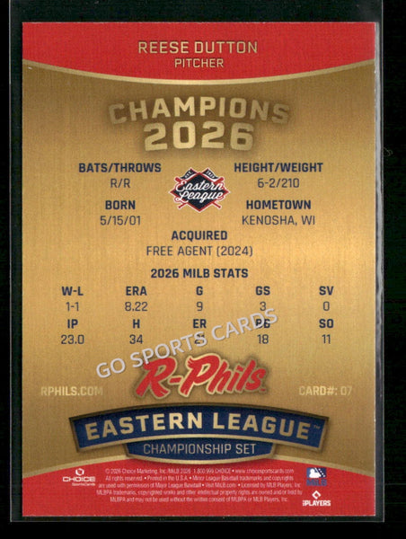 2026 Reading Fightin Phils Champions Reese Dutton