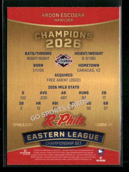 2026 Reading Fightin Phils Champions Aroon Escobar