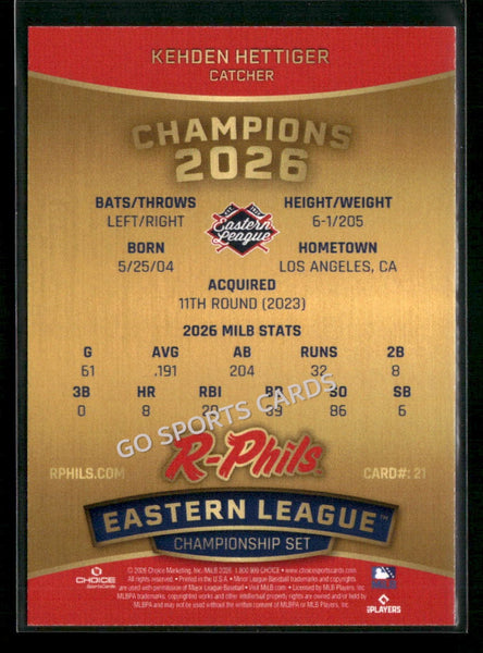 2026 Reading Fightin Phils Champions Kehden Hettiger