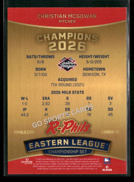 2026 Reading Fightin Phils Champions Christian McGowan
