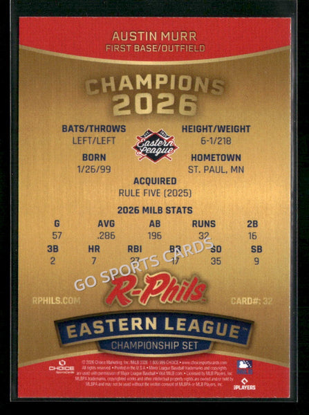 2026 Reading Fightin Phils Champions Austin Murr