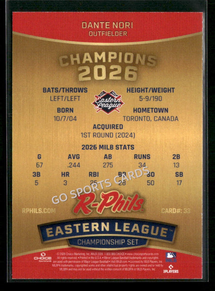 2026 Reading Fightin Phils Champions Dante Nori