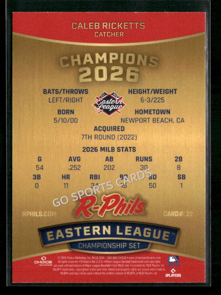 2026 Reading Fightin Phils Champions Caleb Ricketts