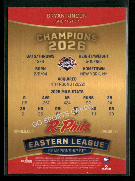 2026 Reading Fightin Phils Champions Bryan Rincon