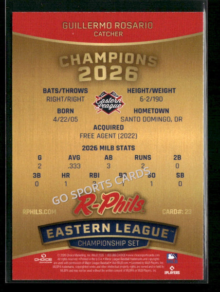 2026 Reading Fightin Phils Champions Guillermo Rosario