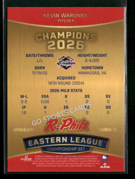 2026 Reading Fightin Phils Champions Kevin Warunek