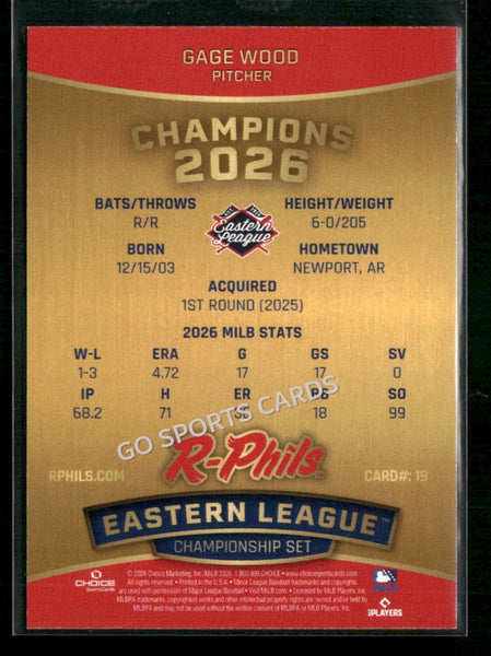 2026 Reading Fightin Phils Champions Gage Wood