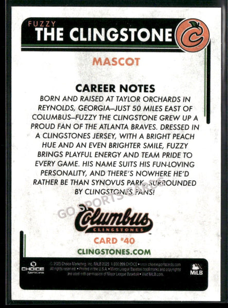 2025 Columbus Clingstones Fuzzy The Clingstone Mascot