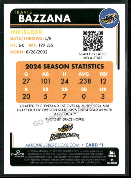 2025 Akron RubberDucks Travis Bazzana 1/100 YELLOW