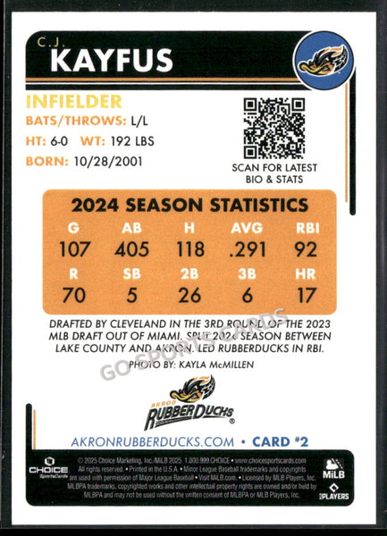2025 Akron RubberDucks CJ Kayfus 1/100 YELLOW