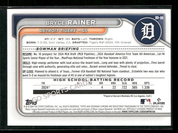 2024 Bowman Draft 1st Bryce Rainer #BD-86 RC Rookie