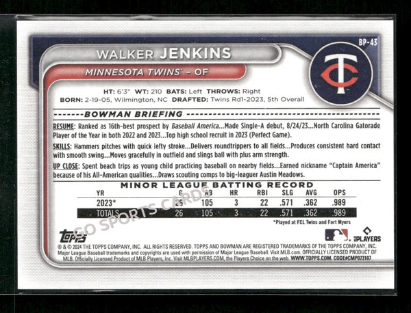 2024 Bowman Prospects Walker Jenkins #BP-43 RC Rookie