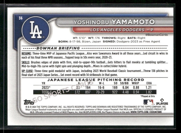 2024 Bowman Yoshinobu Yamamoto #36 Rookie
