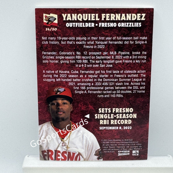 2022 Fresno Grizzlies Most RBI Autograph /50 Yanquiel Fernandez RC RARE AUTO