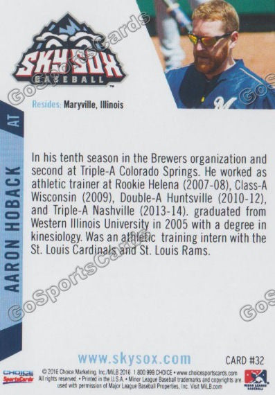 2016 Colorado Springs Sky Sox Aaron Hoback Back of Card