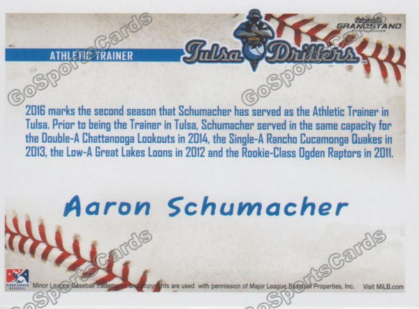 2016 Tulsa Drillers Aaron Schumacher Back of Card