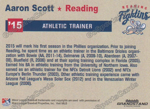 2015 Reading Fightin Phils Update Aaron Scott  Back of Card