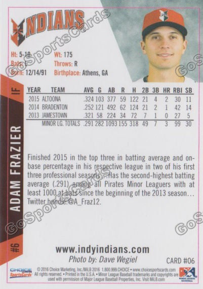 2016 Indianapolis Indians Adam Frazier Back of Card