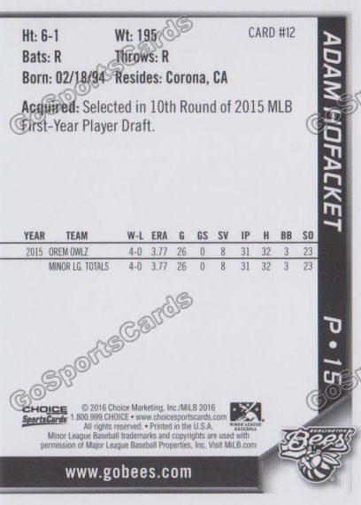 2016 Burlington Bees Adam Hofacket  Back of Card
