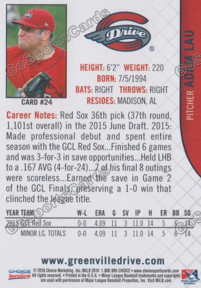 2016 Greenville Drive Adam Lau Back of Card