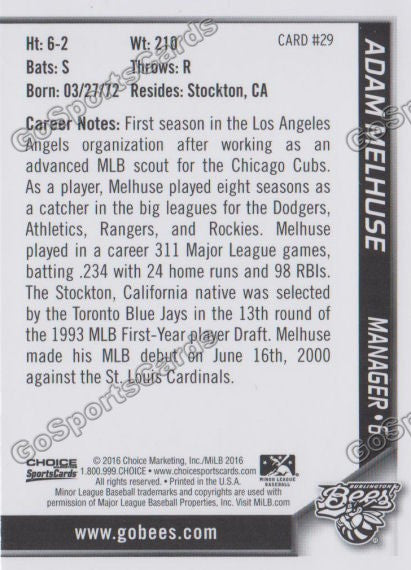 2016 Burlington Bees Adam Melhuse  Back of Card